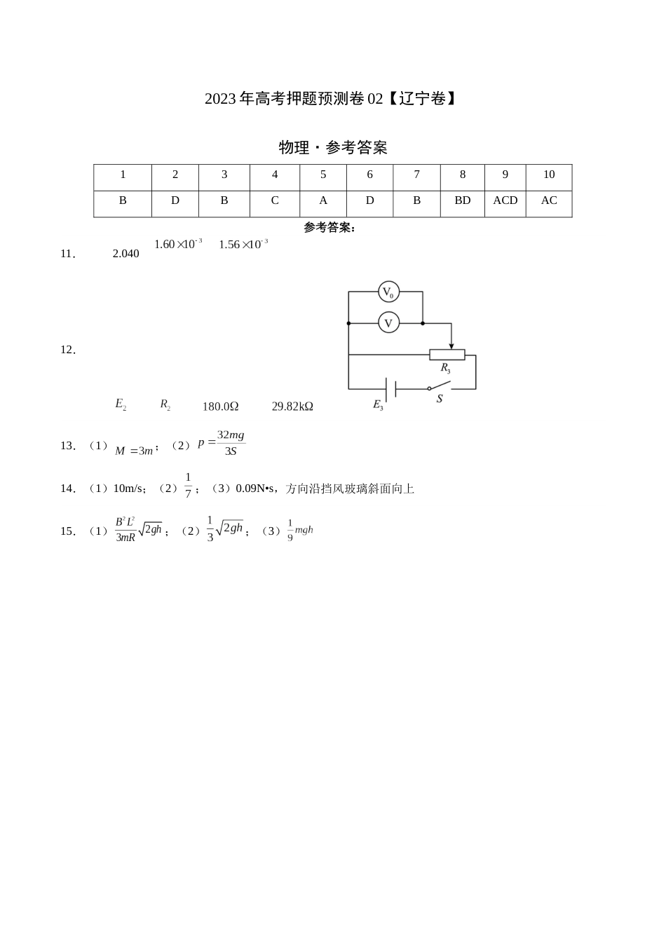 2023年高考押题预测卷02（辽宁卷）-物理（参考答案）_第1页