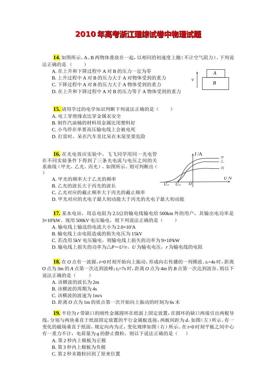 2011浙江高考理综物理试题及答案(word清晰版)_第1页